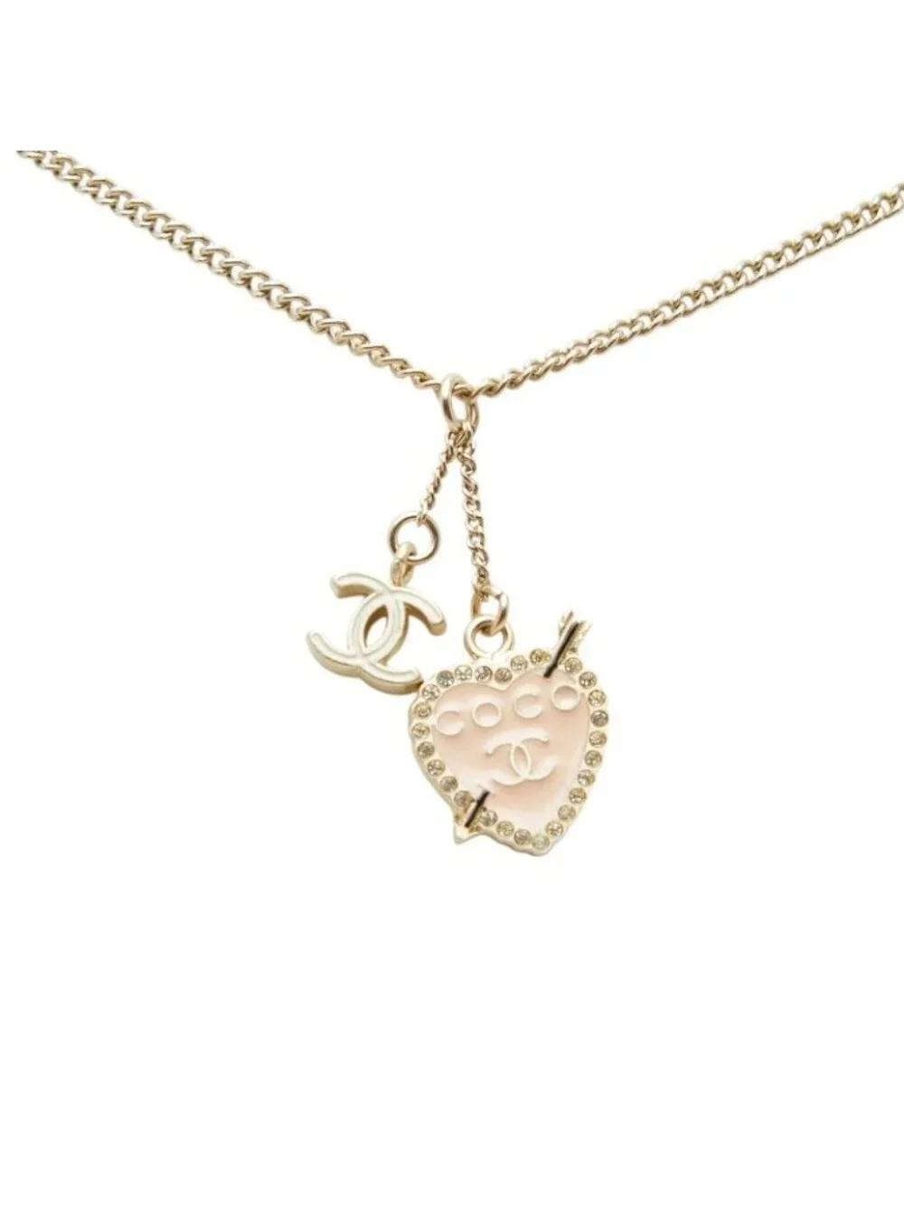 Chanel CC Logo Heart & Aro Line Stone Pendant Necklace Gold Pink Plated Enamel - Picture 2 of 7
